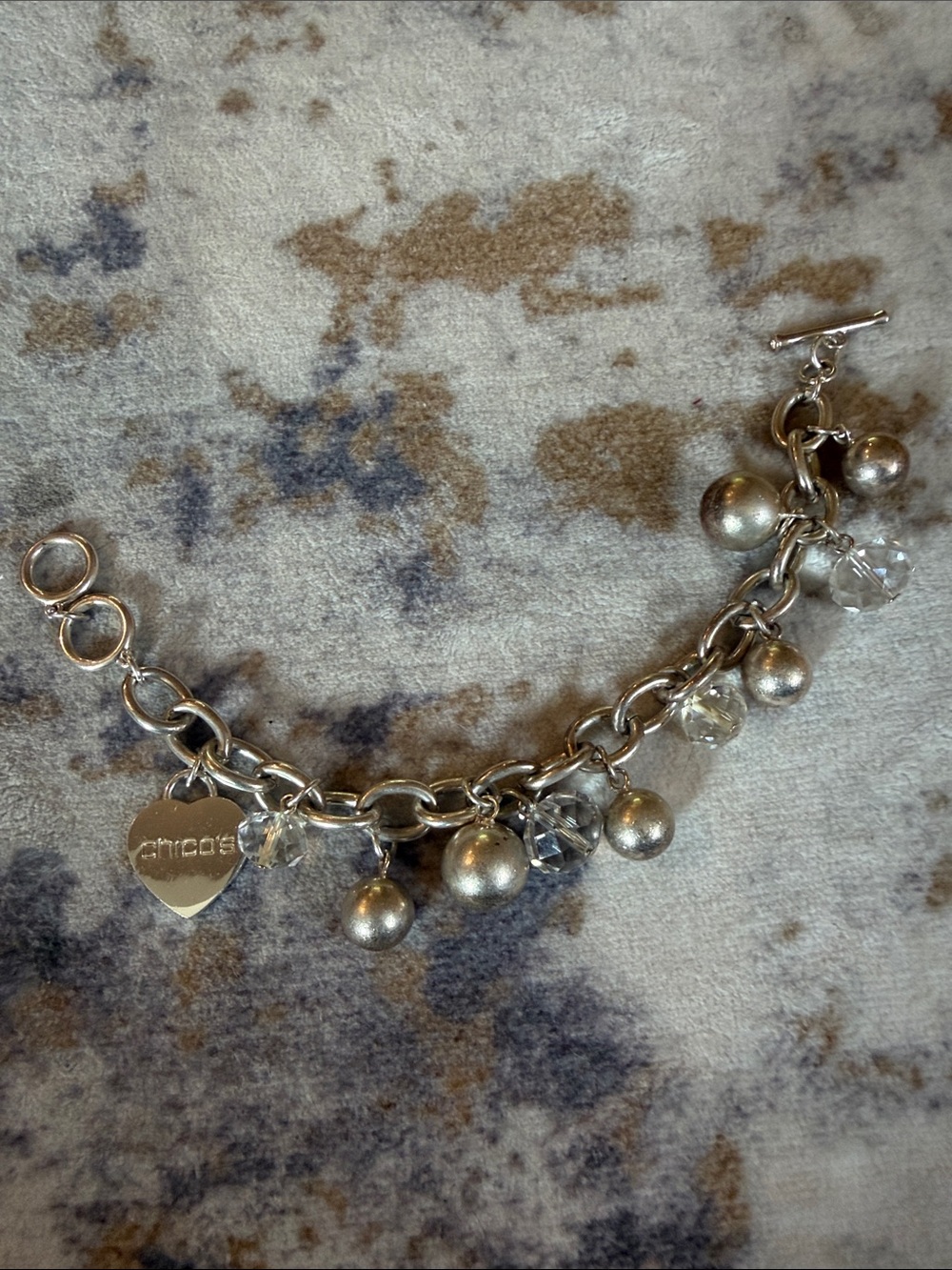 Chico's Silver Heart Charm & Crystal Drop Bracelet